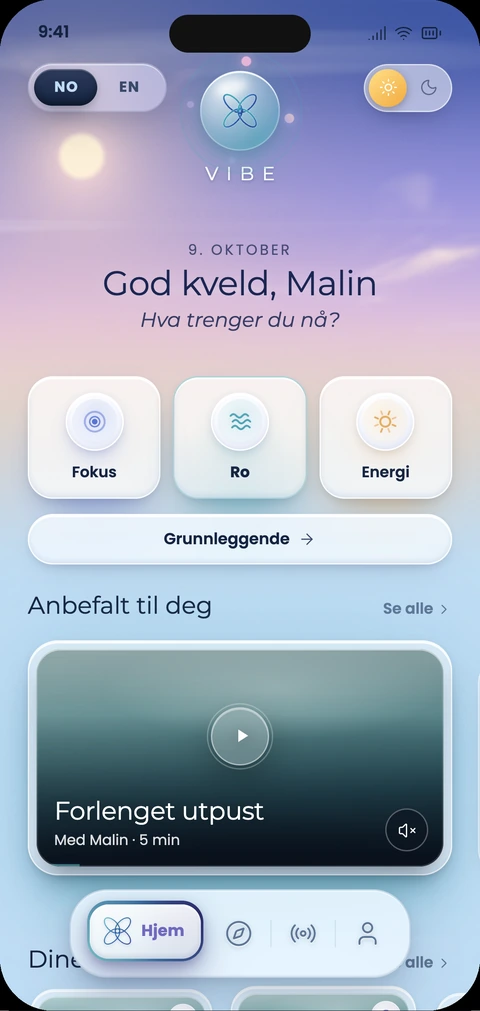VIBE-appen: hjemskjermen med valg av fokus, ro og energi